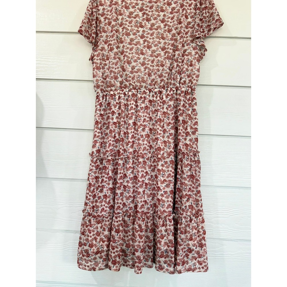 V- 47- Indigo Rose Floral Mesh Tiered Dress Red Pink Petite Large PL 1